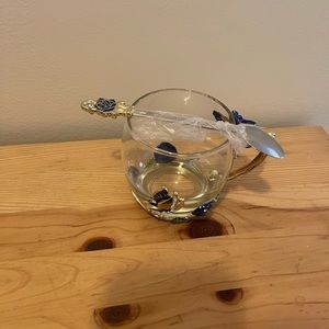 Glass Mug Set Handmade Enamel Butterfly and Blue Rose Flower TeaCup with Handle